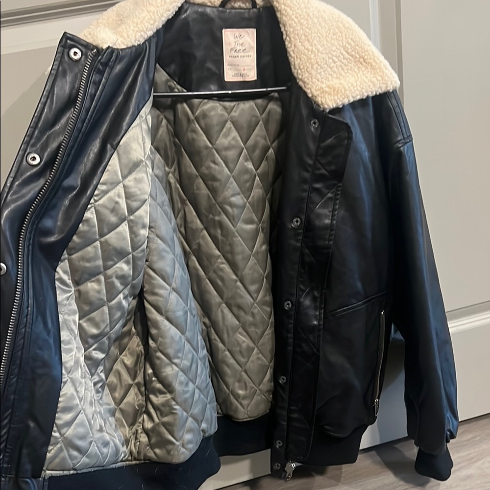 Black Bomber Jacket with Plush Collar and Shiny Finish - Picture 2 of 6
